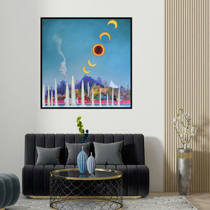 Goutam Pal's 'The Heritage Run Final 1 (Eclipse Over India)' painting visualized above a sofa in a contemporary room.