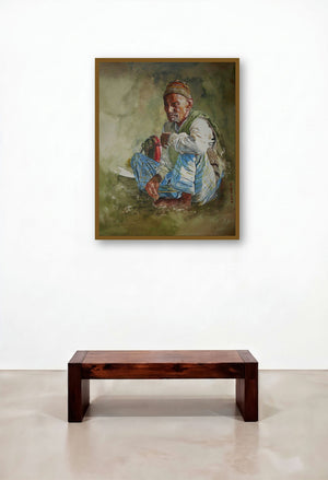 Hero (Village Life) by artist Dr Uday Bhan displayed in a Japandi Dining Room
