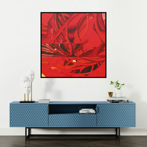 'Hibiscus' painting by Balaji G Bhange shown on a wall in a furnished room.