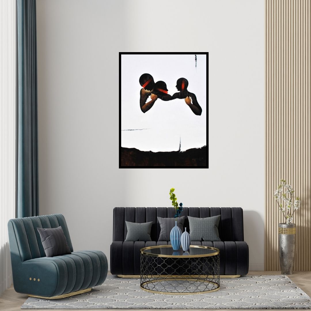 Preview of 'Hidden (Intertwined Destinies: A Bond Beyond Words)' Painting by Narayan Shelke shown on a wall in a furnished room.