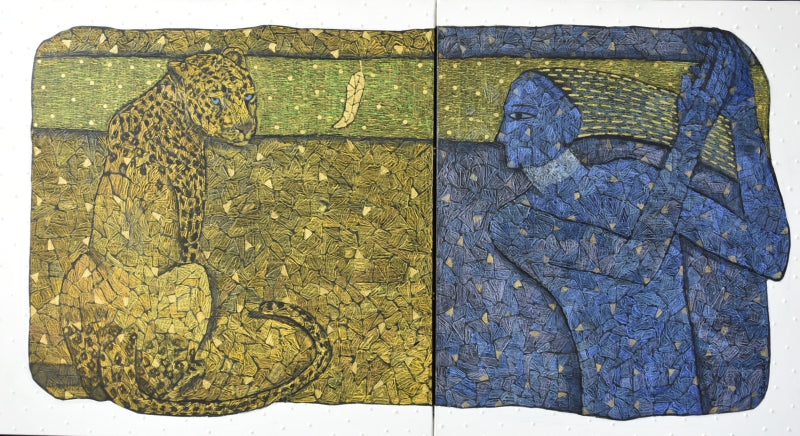 Hide And Seek At Junnar' figurative mixed-media painting by artist Pravin Randive, 36x66 inch, on canvas
