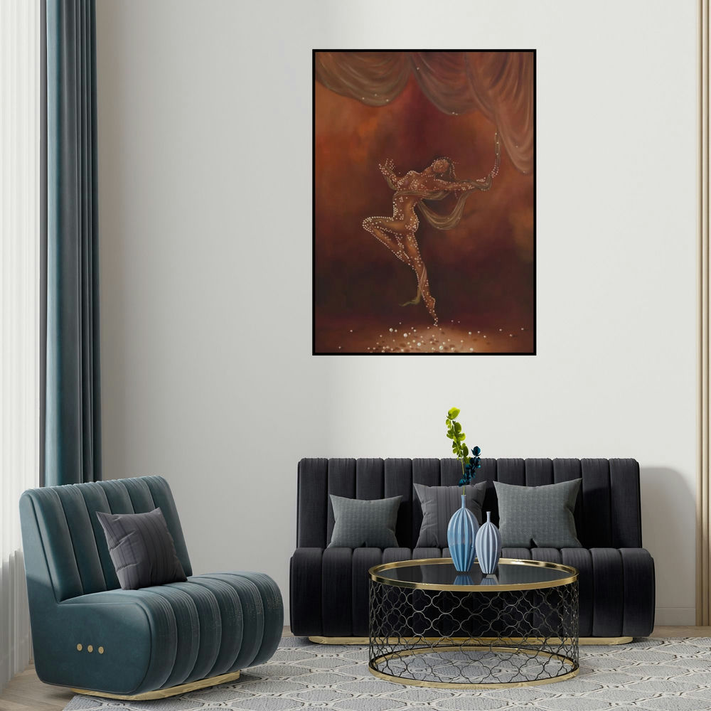 Durshit Bhaskar's 'High Life (Dance of Liberation)' painting visualized above a sofa in a contemporary room.