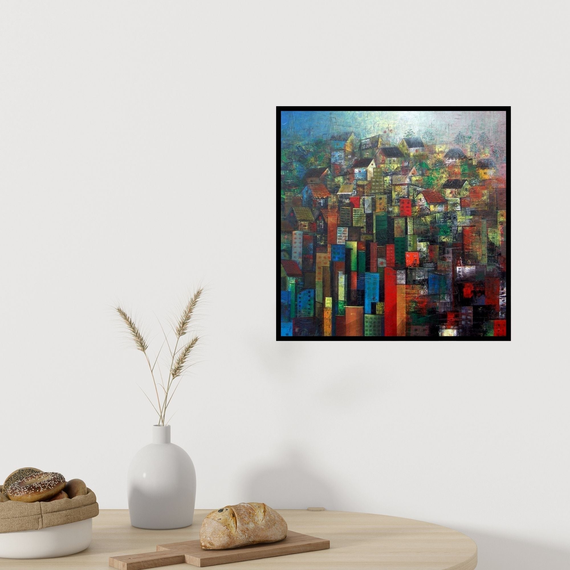 In-situ view of M Singh's 'High Rise' painting in a room