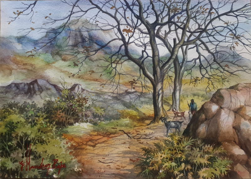 Hill Side' landscape watercolor painting by artist Manohar Raja, 12x17 inch, on paper