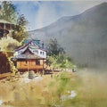 Landscape watercolor painting titled 'Hilly Houses', 14x20 inches, by artist Manoj Pratim Ray on Paper