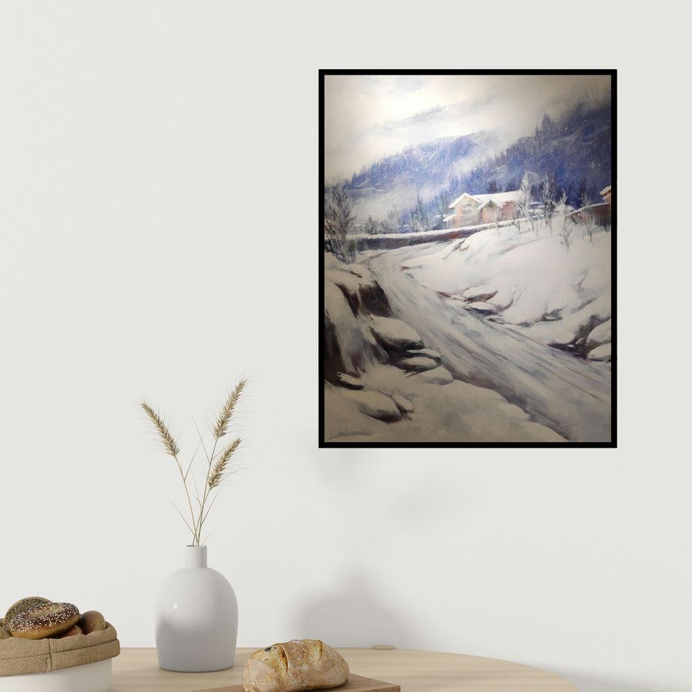 Ritesh Jadhav's 'Himalayan Jewels (Winter's Path)' painting visualized above a sofa in a contemporary room.