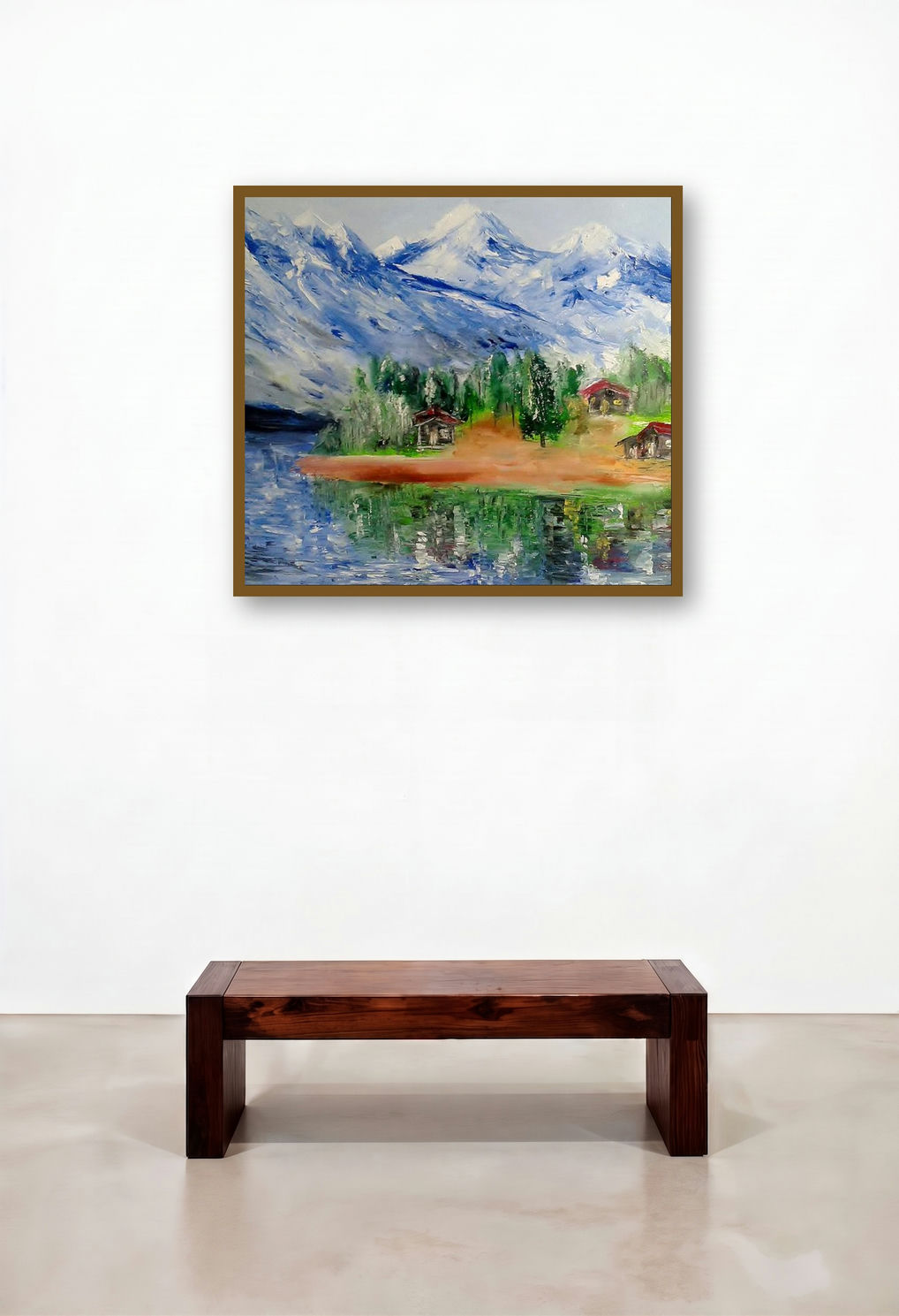 Himalayas (Alpine Idyll) by artist Kiran Bableshwar displayed in a Mid-Century Modern Lounge