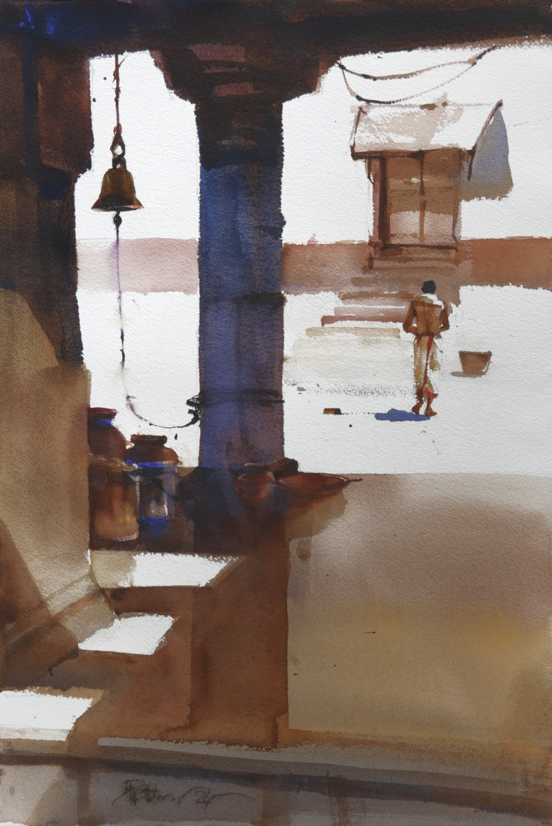 His Light In Courtyard Of His House' religious watercolor painting by artist Prashant Prabhu, 22x15 inch, on paper