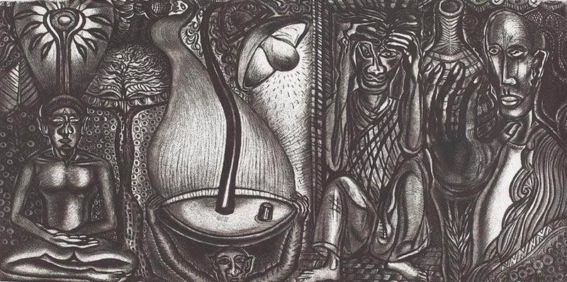 Figurative printmaking titled 'His Magical World 6', 20x40 inches, by artist Sushanta Guha on Paper