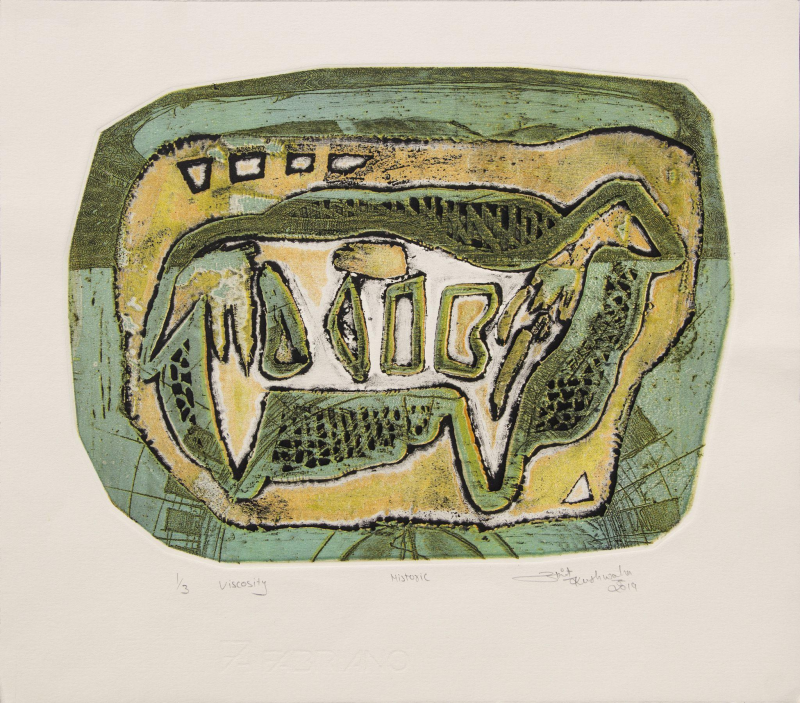 Historic 2' contemporary viscosity printmaking by artist Ankit Kushwaha, 13x15 inch, on paper