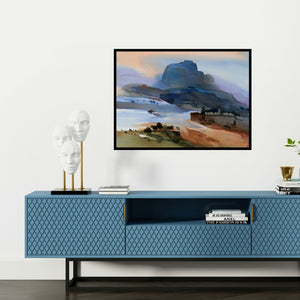 Preview of 'Historical Blues' Painting by Prashant Prabhu shown on a wall in a furnished room.