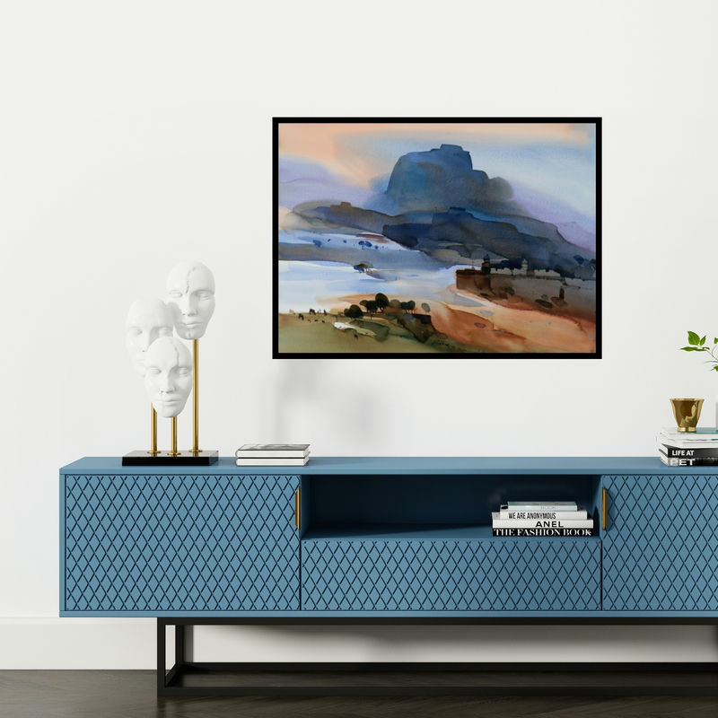 Preview of 'Historical Blues' Painting by Prashant Prabhu shown on a wall in a furnished room.