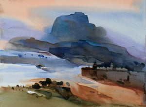 Landscape watercolor painting titled 'Historical Blues', 22x30 inches, by artist Prashant Prabhu on Paper