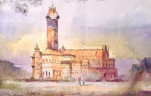 History Is Nostalgic (Twilight at the Tower) by Mohd Qaseem Farooqui, Original Watercolor Cityscape Painting on Paper, Small Horizontal Wall Art