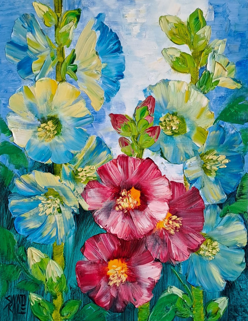 Hollyhocks 11' nature oil painting by artist Swati Kale, 18x14 inch, on canvas