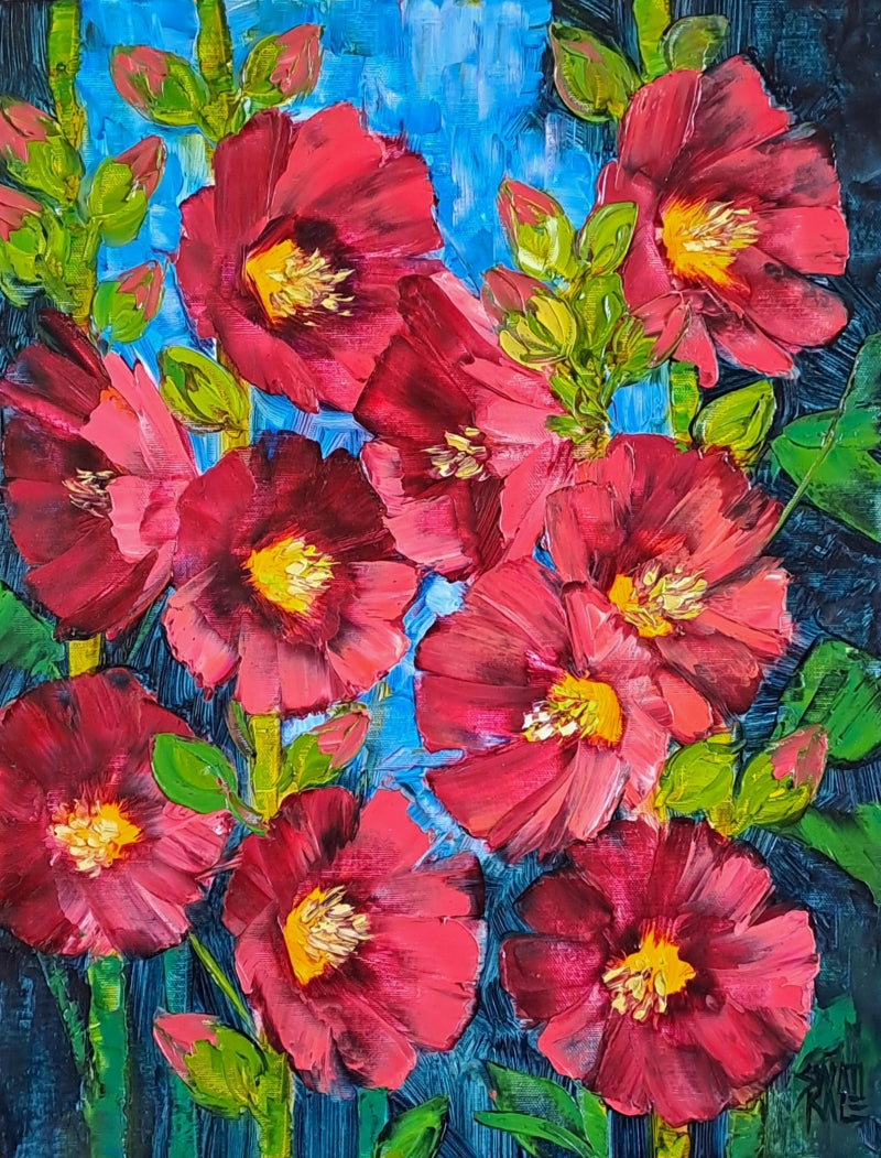Hollyhocks 12' nature oil painting by artist Swati Kale, 18x14 inch, on canvas