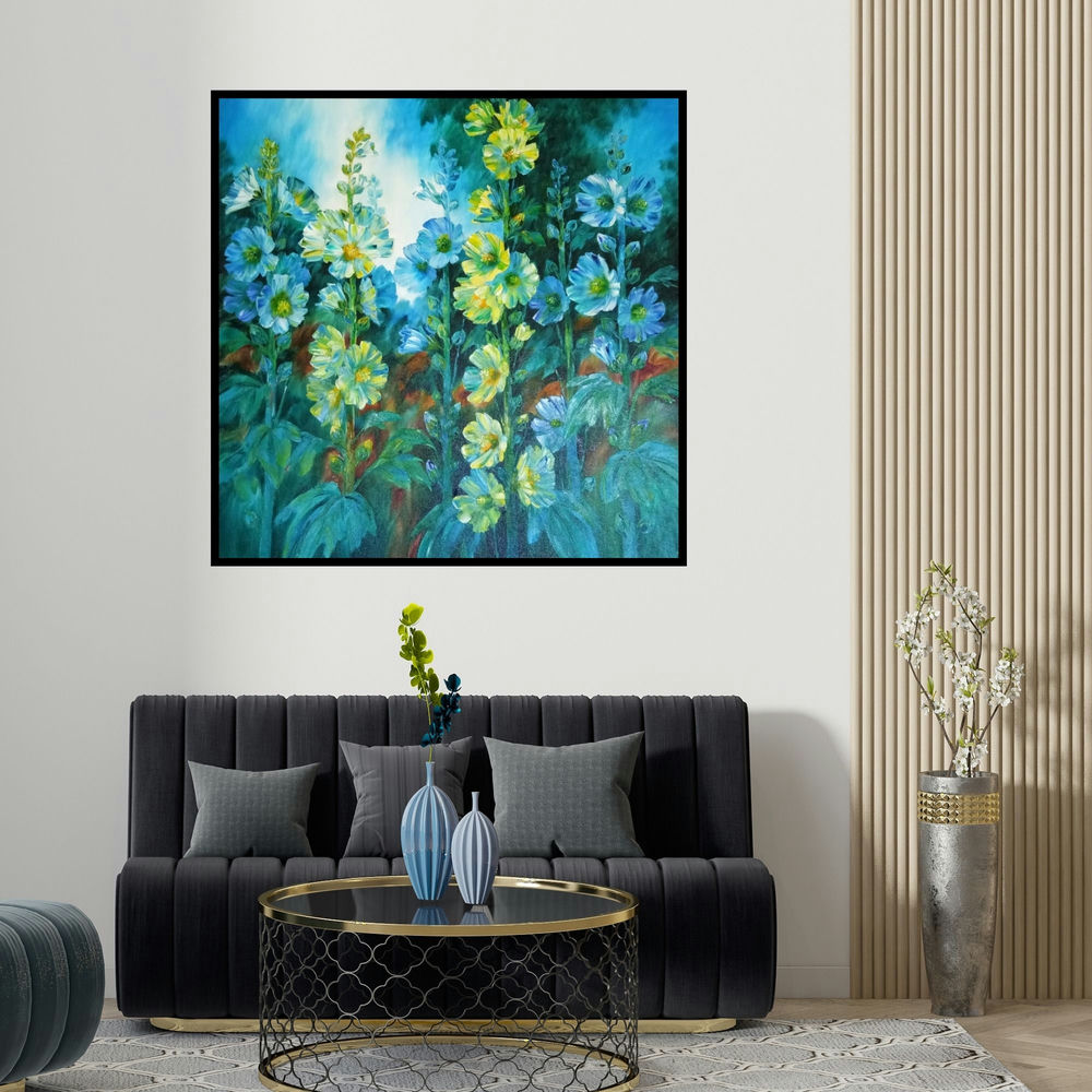 Swati Kale's 'Hollyhocks 14' painting visualized above a sofa in a contemporary room.