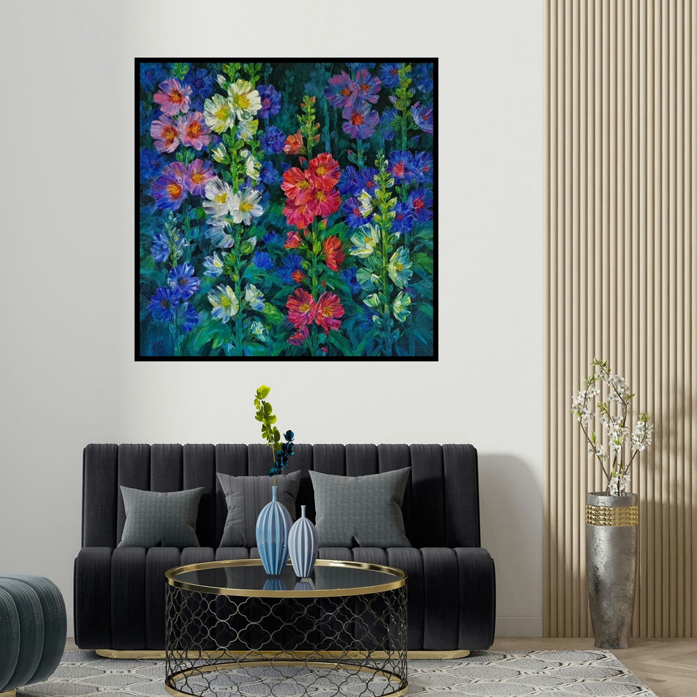 Swati Kale's 'Hollyhocks 15' painting visualized above a sofa in a contemporary room.