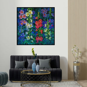 Swati Kale's 'Hollyhocks 15' painting visualized above a sofa in a contemporary room.