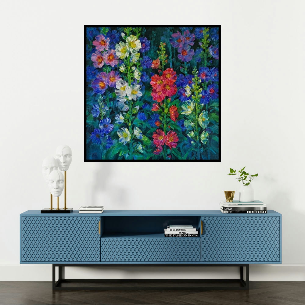 'Hollyhocks 15' painting by Swati Kale shown on a wall in a furnished room.