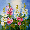 Nature oil painting titled 'Hollyhocks 21', 36x36 inches, by artist Swati Kale on Canvas