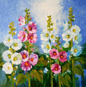 Nature oil painting titled 'Hollyhocks 21', 36x36 inches, by artist Swati Kale on Canvas