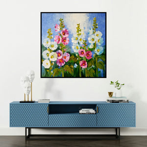 'Hollyhocks 21 (Summer's Splendor**)' painting by Swati Kale shown on a wall in a furnished room.