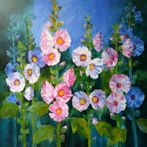 Nature oil painting titled 'Hollyhocks 22', 36x36 inches, by artist Swati Kale on Canvas