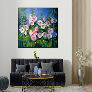 Swati Kale's 'Hollyhocks 22 (Summer's Tapestry**)' painting visualized above a sofa in a contemporary room.