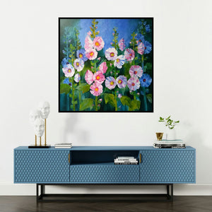 'Hollyhocks 22 (Summer's Tapestry**)' painting by Swati Kale shown on a wall in a furnished room.