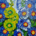 'Hollyhocks 3' nature oil painting by artist Swati Kale, 18x14 inch, on canvas