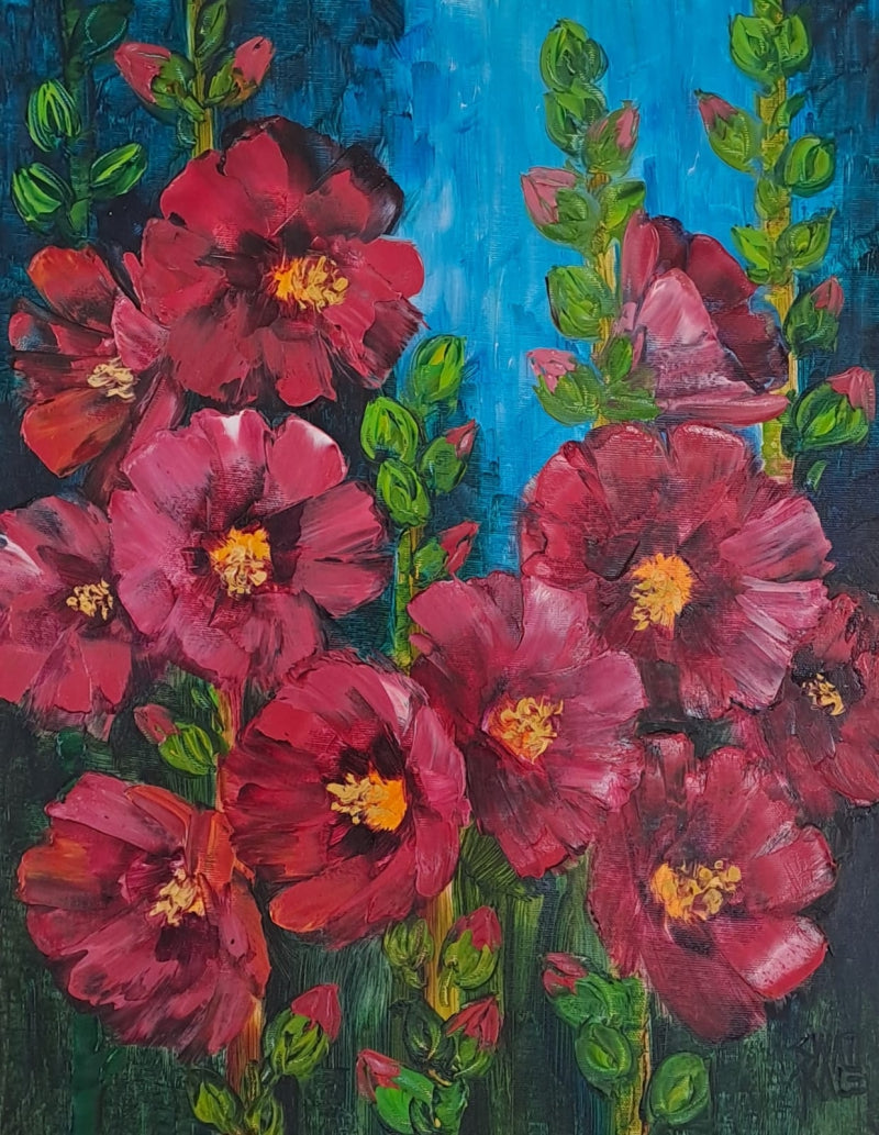 'Hollyhocks 6' nature oil painting by artist Swati Kale, 18x14 inch, on canvas