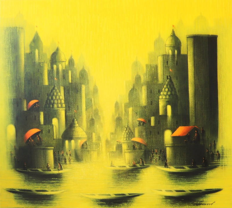 Holy Banaras 1' religious acrylic-charcoal painting by artist Somnath Bothe, 24x36 inch, on canvas
