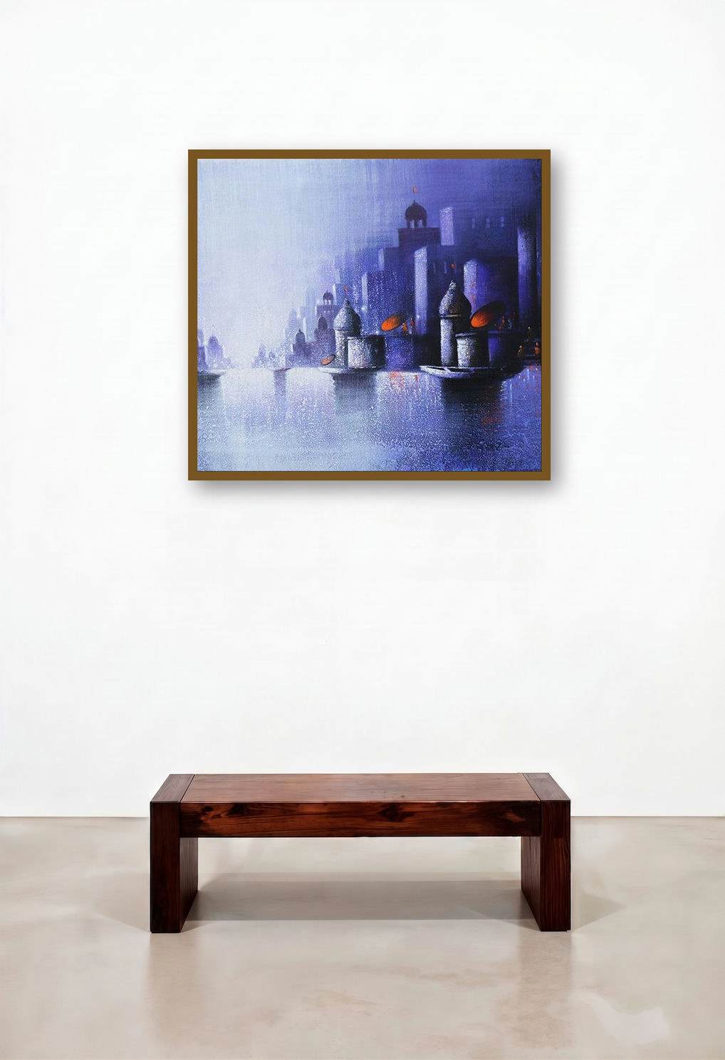 Holy Banaras 13 (Twilight on the Ganges) by artist Somnath Bothe displayed in a Art Deco Penthouse