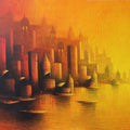 Religious acrylic-charcoal painting titled 'Holy Banaras 2', 36x48 inch, by artist Somnath Bothe on Canvas