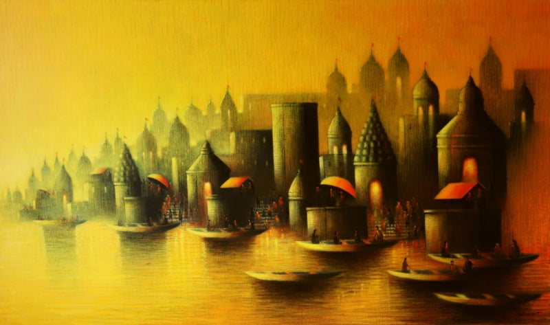 Holy Banaras 2' religious acrylic-charcoal painting by artist Somnath Bothe, 36x60 inch, on canvas
