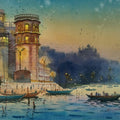 'Holy Banaras Ghat At Night' religious watercolor painting by artist Abhijit Jadhav, 24x30 inch, on paper