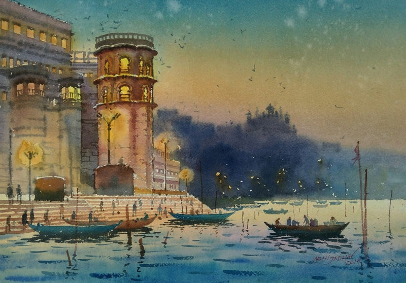 'Holy Banaras Ghat At Night' religious watercolor painting by artist Abhijit Jadhav, 24x30 inch, on paper