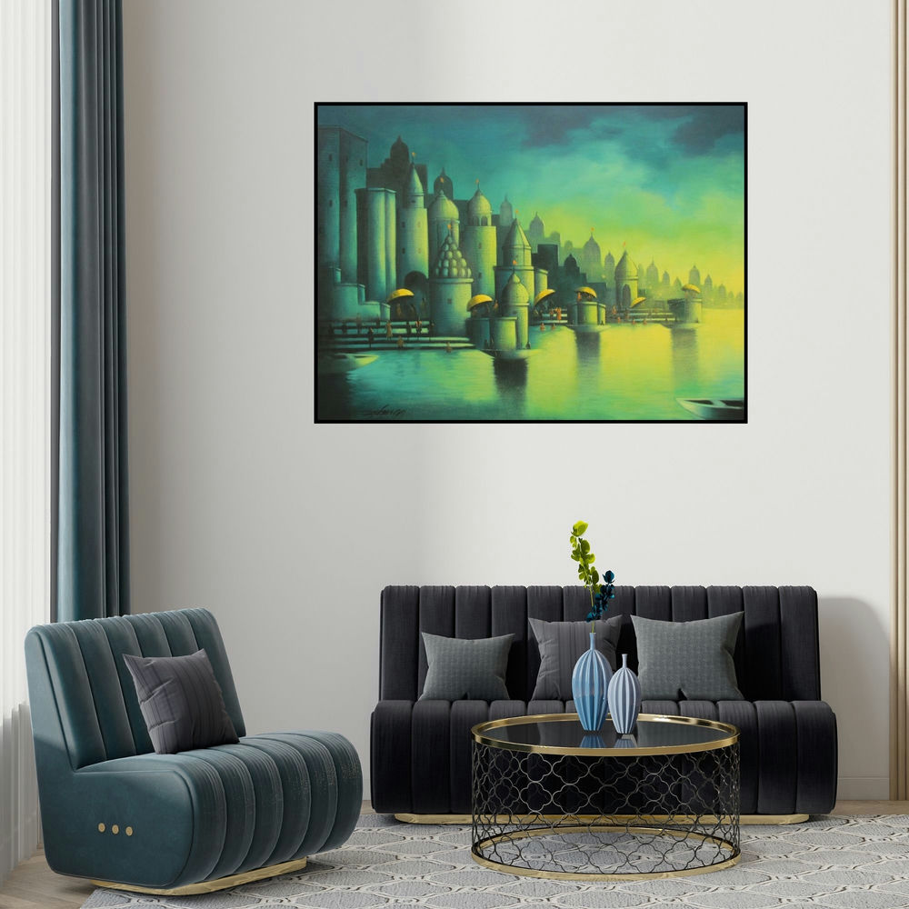 Somnath Bothe's 'Holy Banaras' drawing visualized above a sofa in a contemporary room.