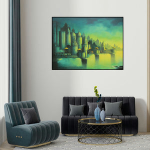 Somnath Bothe's 'Holy Banaras' drawing visualized above a sofa in a contemporary room.