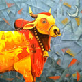 Religious acrylic painting titled 'Holy Bull Of Shiva', 36x36 inches, by artist Purnendu Mandal on Canvas