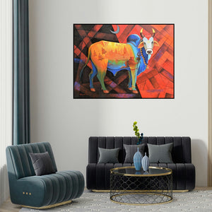 Purnendu Mandal's 'Holy Bull Of Shiva 2 (Nandi with Cosmic Energy) (Nandi Crimson Cosmos)' painting visualized above a sofa in a contemporary room.