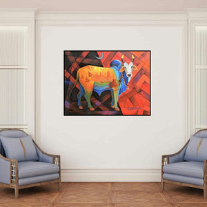'Holy Bull Of Shiva 2 (Nandi with Cosmic Energy) (Nandi Crimson Cosmos)' painting by Purnendu Mandal shown on a wall in a furnished room.