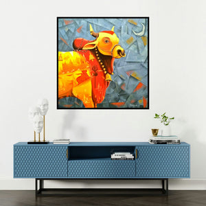 'Holy Bull Of Shiva (Holy Bull) (Holy Bull of Shiva)' painting by Purnendu Mandal shown on a wall in a furnished room.