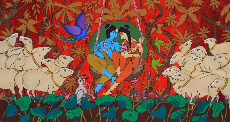 Holy Couple' religious acrylic painting by artist Chetan Katigar, 37x69 inch, on canvas