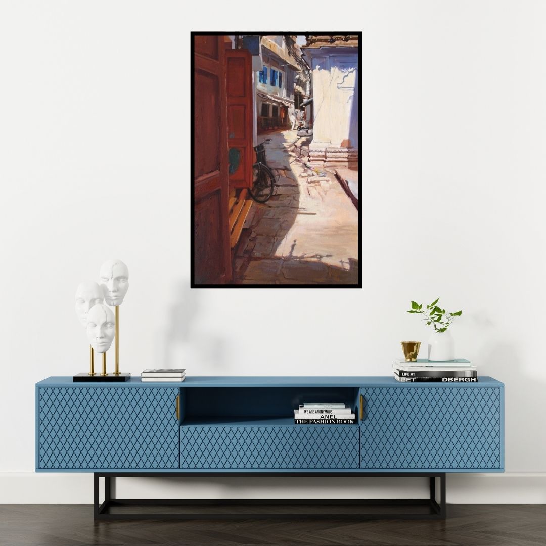 Preview of 'Holy Lane 2 Banaras' Painting by Sachin Sawant shown on a wall in a furnished room.