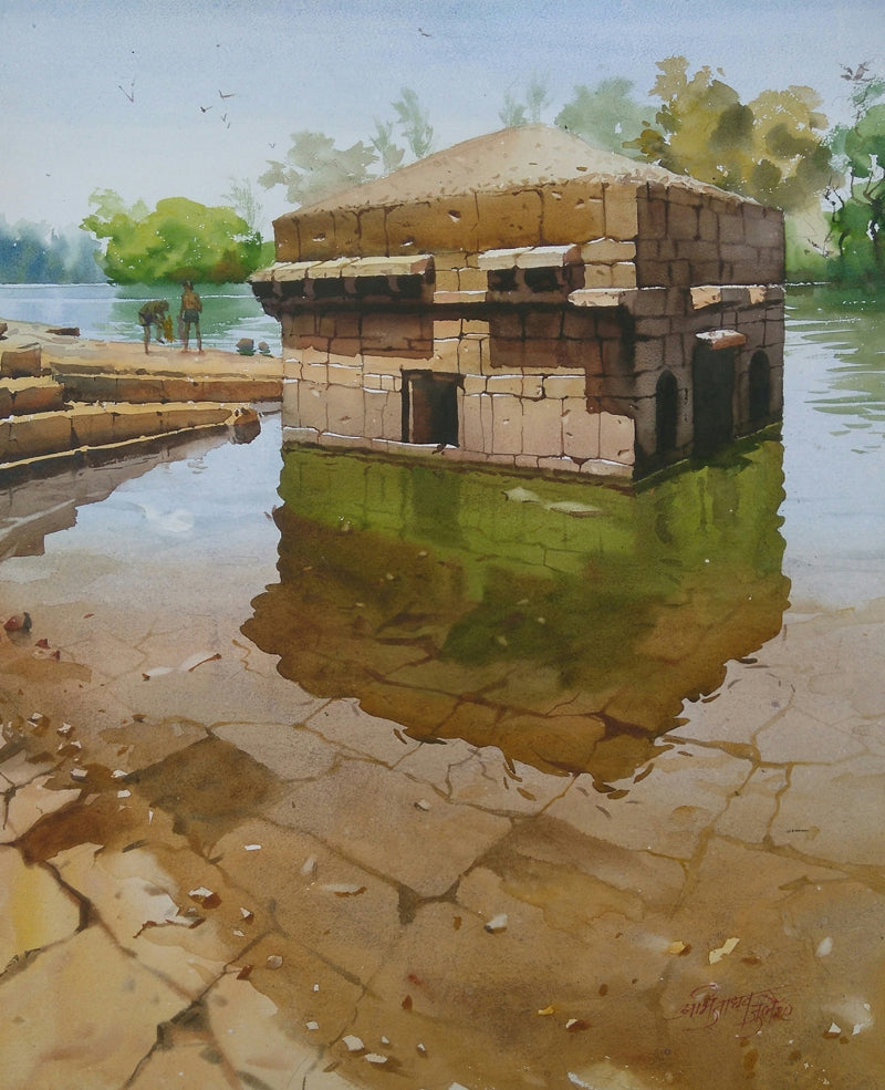 'Holy Panchganga 1' religious watercolor painting by artist Abhijit Jadhav, 24x20 inch, on paper
