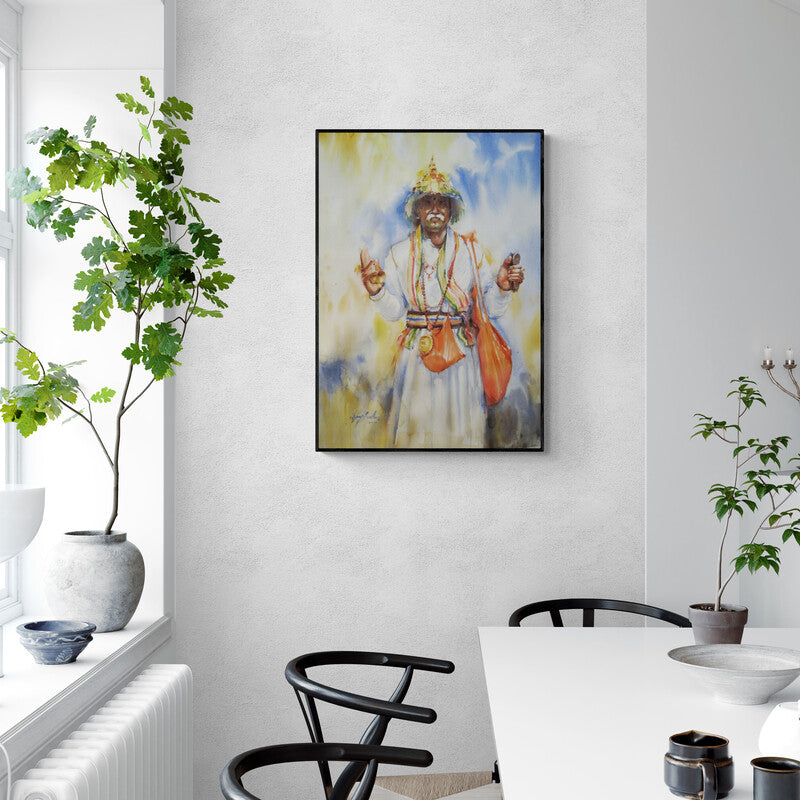 Preview of 'Holy Presence In Morning' Painting by Vijay Jadhav shown on a wall in a furnished room.