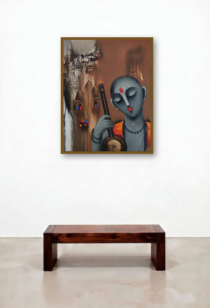 Holyman 1 (Lost in Melody) by artist Paras Parmar displayed in a Mid-Century Modern Library