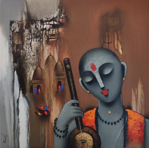 Holyman 1 (Lost in Melody) by Paras Parmar, Original Acrylic Religious Painting on Canvas, Medium Square Wall Art
